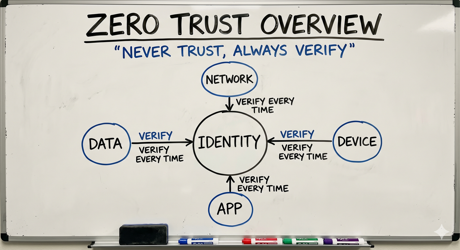 ゼロトラストの全体像をホワイトボードで整理した図：中央に「IDENTITY」、周りに「DEVICE」「NETWORK」「APP」「DATA」、すべて「VERIFY EVERY TIME」で接続