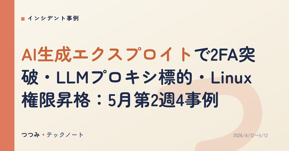 AI生成エクスプロイトで2FA突破・LLMプロキシ標的・Linux権限昇格：5月第2週4事例